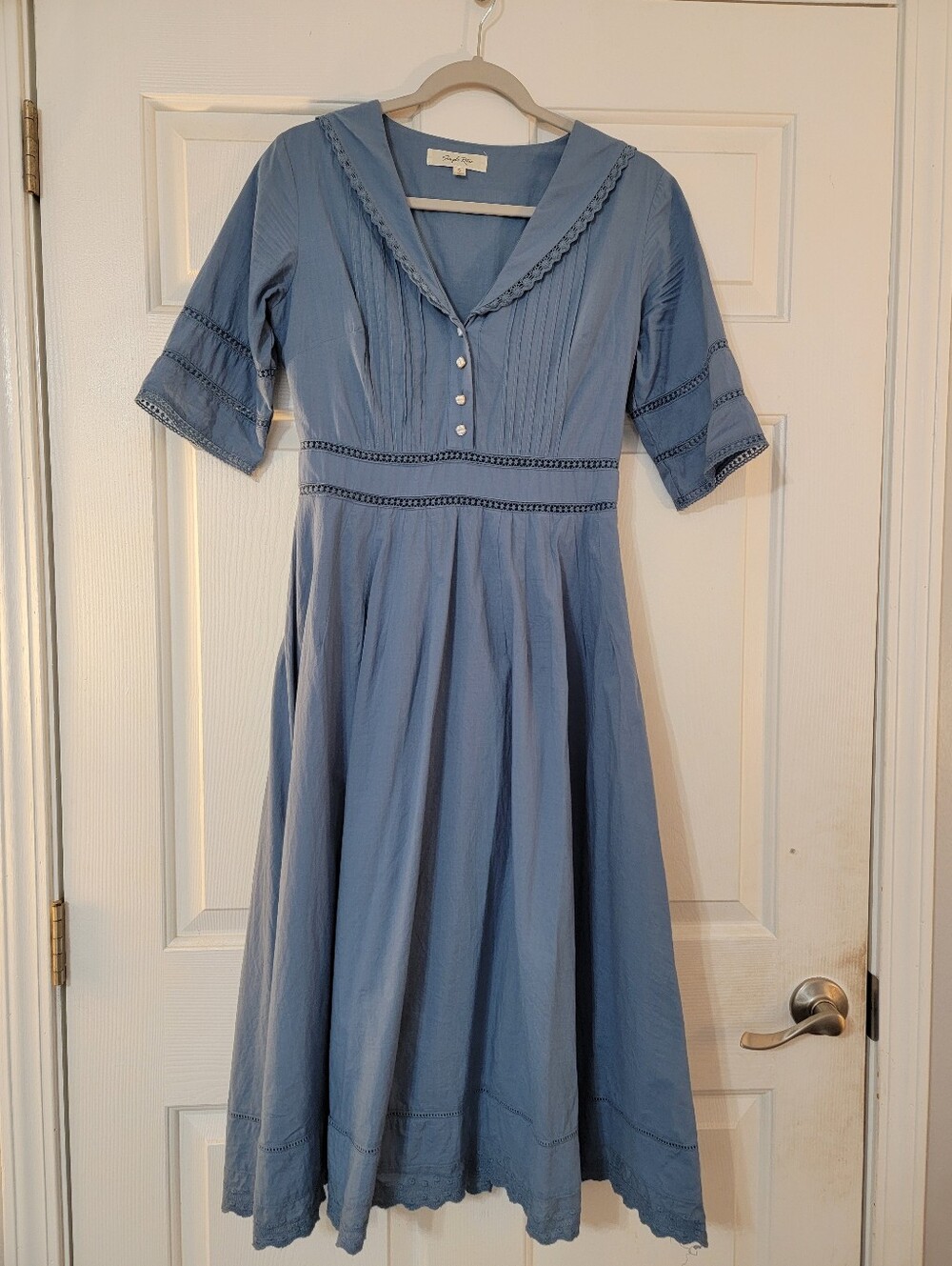 Women's 100% Cotton Feminine Blue Dress With Sailor Collar And Lace